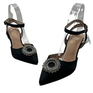 NEW Allegra K Ankle‎ Strap Heels Womens 7 Black Rhinestone Pointed Toe Pumps